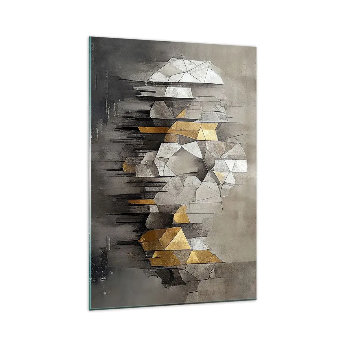 Quadro su vetro - Astrazione geometrica nei toni dell'oro e del grigio - 80x120cm - Composizione di ghiaccio e luce - Decorazione murale moderna per soggiorno e camera da letto ARTTOR