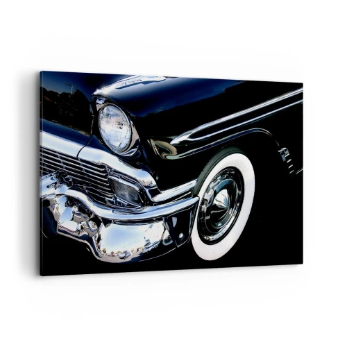 Quadro su tela - Stampe su Tela - Primo piano del faro e del parafango di un'auto classica nera - 100x70cm - Classicità in argento, nero e bianco - Decorazione murale moderna per soggiorno e camera da letto ARTTOR