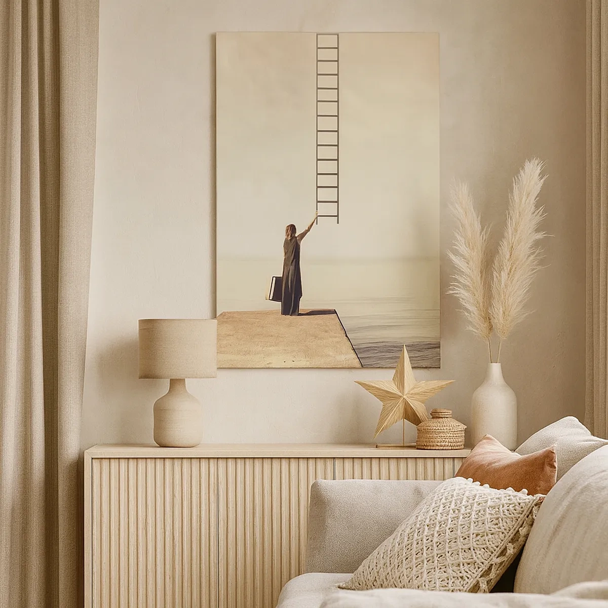 Quadro su tela - Stampe su Tela - Una donna in piedi su un molo con una scala che porta al cielo - 50x70cm - Viaggio magico - Decorazione murale moderna per soggiorno e camera da letto ARTTOR