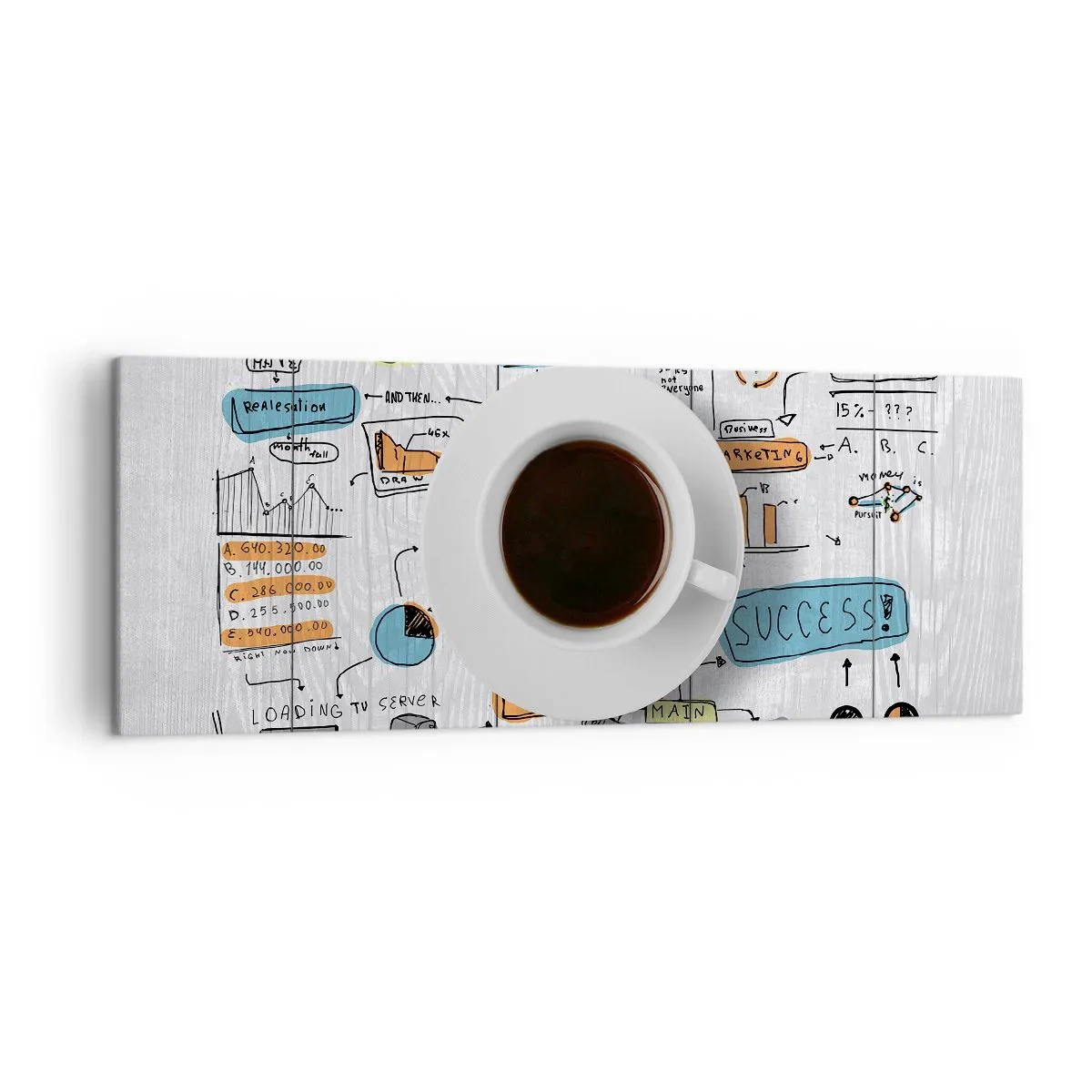 Quadro su tela - Stampe su Tela - Una tazza di caffè sullo sfondo di un disegno concettuale - 140x50cm - Un momento di pausa - Decorazione murale moderna per soggiorno e camera da letto ARTTOR