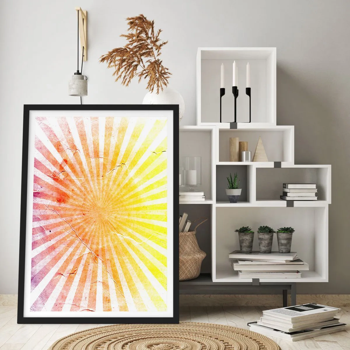 Poster in cornice nera - Motivo astratto di raggi in tonalità di giallo e rosso - 50x70cm - Albe e tramonti - Decorazione murale moderna per soggiorno e camera da letto ARTTOR