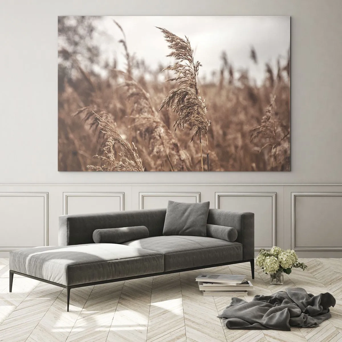 Quadro su vetro - Erbe secche nel vento nella luce autunnale della natura - 100x70cm - Nei campi è già autunno - Decorazione murale moderna per soggiorno e camera da letto ARTTOR