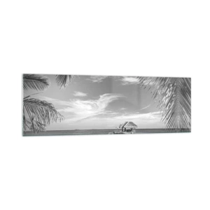 Quadro su vetro - Spiaggia bianca e nera con molo e palme su una costa tropicale - 160x50cm - Un ricordo o un sogno? - Decorazione murale moderna per soggiorno e camera da letto ARTTOR