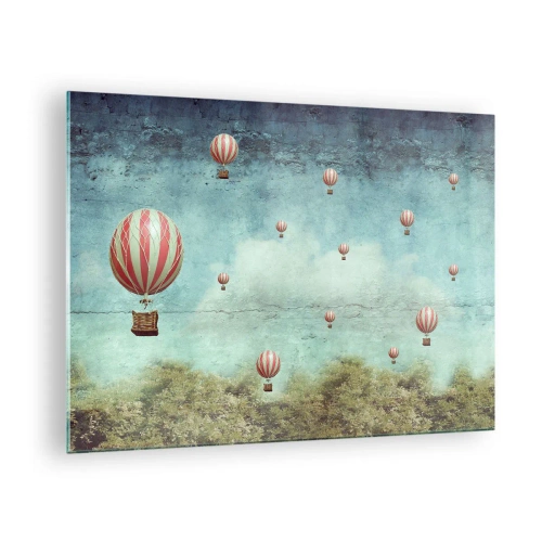Quadro su vetro - Palloncini che fluttuano su un paesaggio verde - 70x50cm - Liberi dal tumulto della vita - Decorazione murale moderna per soggiorno e camera da letto ARTTOR
