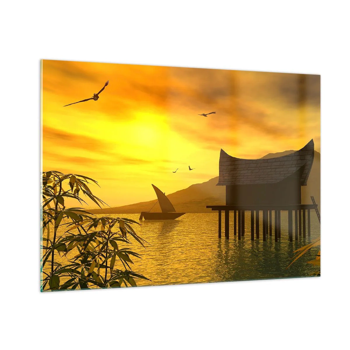 Quadro su vetro - Tramonto sul lago con una casa su palafitte - 100x70cm - Calma desiderata - Decorazione murale moderna per soggiorno e camera da letto ARTTOR