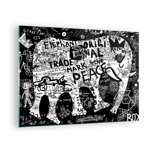 Quadro su vetro - Immagine di graffiti in bianco e nero con temi di pace e libertà - 70x50cm - Il ricco mondo della strada - Decorazione murale moderna per soggiorno e camera da letto ARTTOR