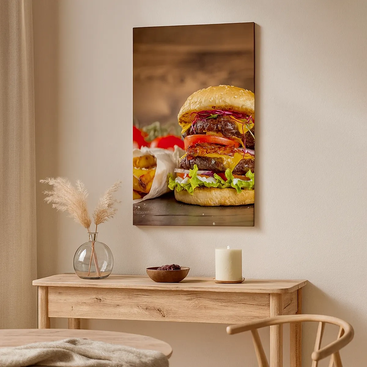 Quadro su tela - Stampe su Tela - Hamburger appetitoso con extra - 50x70cm - Frutto proibito - Decorazione murale moderna per soggiorno e camera da letto ARTTOR