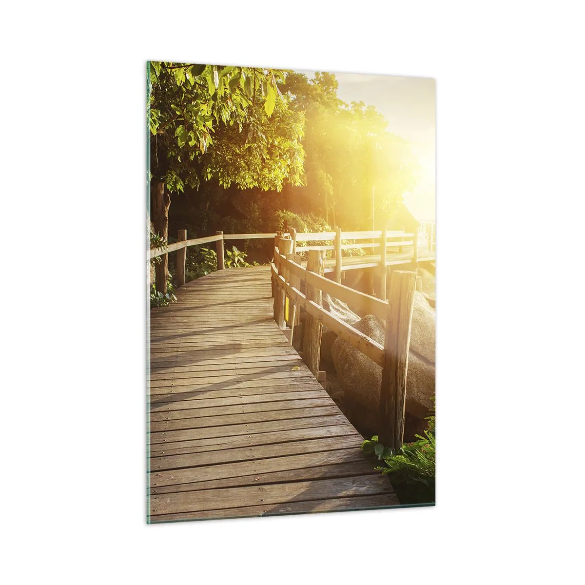 Quadro su vetro - Un sentiero in legno tra gli alberi in riva al mare alla luce del tramonto - 50x70cm - Altra curva, altre meraviglie - Decorazione murale moderna per soggiorno e camera da letto ARTTOR