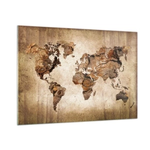 Quadro su vetro - Una mappa del mondo in tonalità marroni che imitano il legno - 100x70cm - Alla scoperta del mondo - Decorazione murale moderna per soggiorno e camera da letto ARTTOR