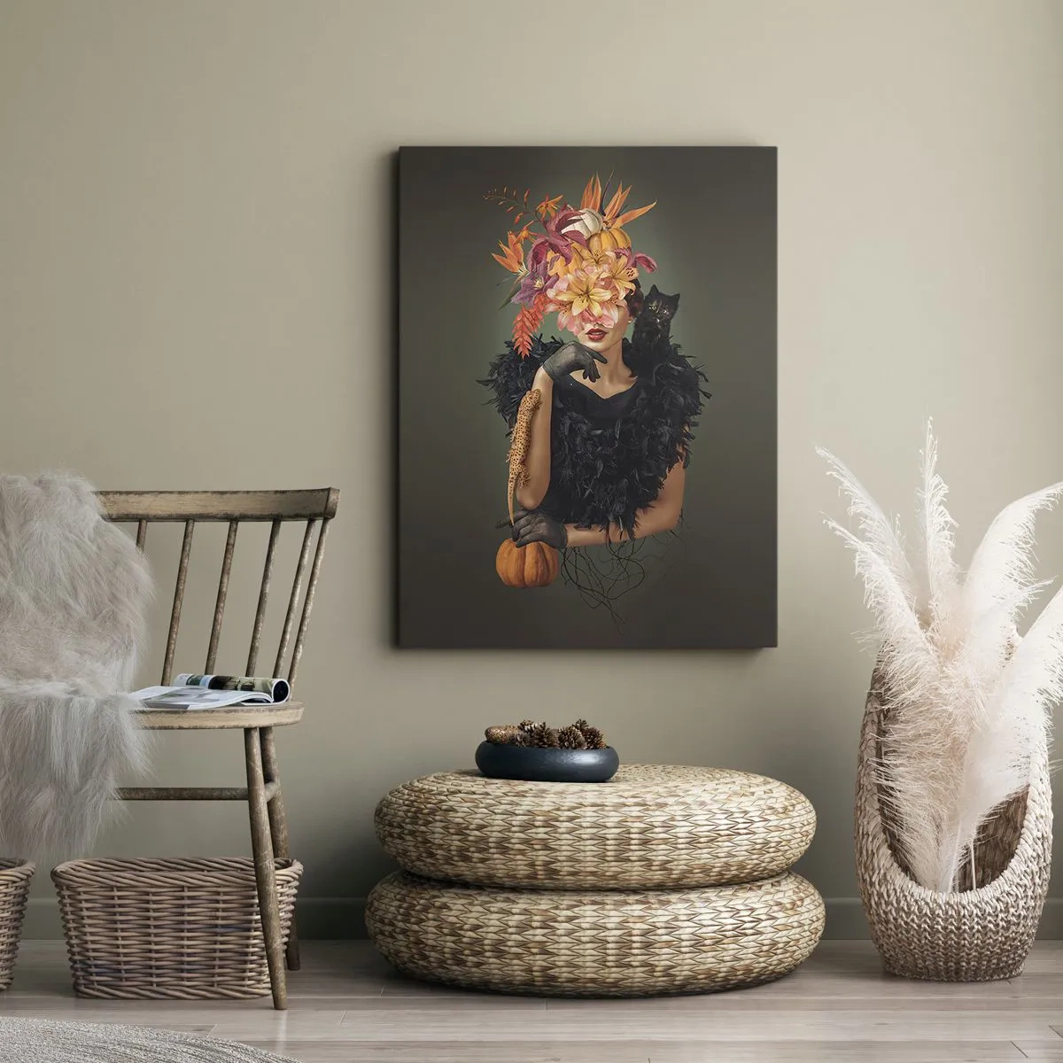 Quadro su tela - Stampe su Tela - Ritratto di donna con motivi autunnali e un gatto - 80x120cm - L'incantesimo della strega - Decorazione murale moderna per soggiorno e camera da letto ARTTOR