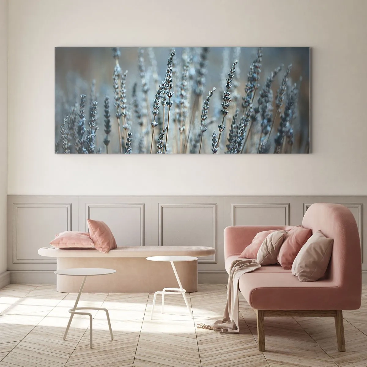 Quadro su vetro - Lavanda nel campo in delicati toni pastello - 140x50cm - Campo profumato - Decorazione murale moderna per soggiorno e camera da letto ARTTOR