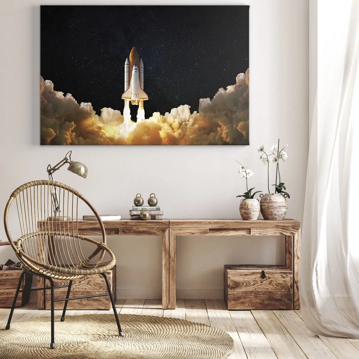 Quadro su tela - Stampe su Tela - Un razzo spaziale che decolla contro il cielo stellato - 100x70cm - Ad astra! - Decorazione murale moderna per soggiorno e camera da letto ARTTOR