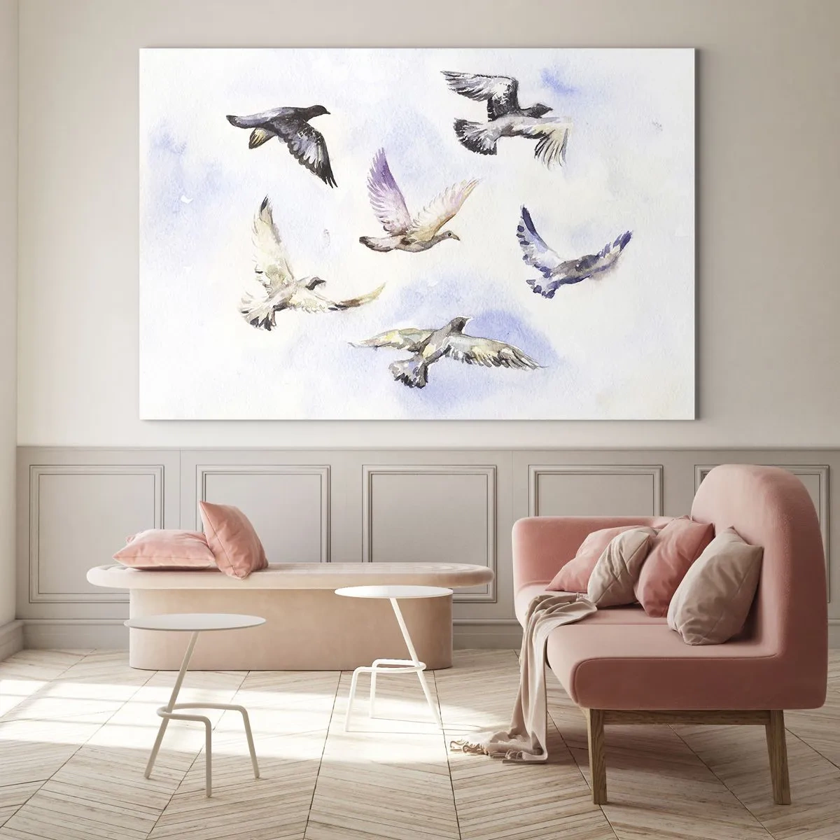 Quadro su vetro - Uccelli in volo contro un cielo limpido - 70x50cm - Libertà in grigio e blu - Decorazione murale moderna per soggiorno e camera da letto ARTTOR