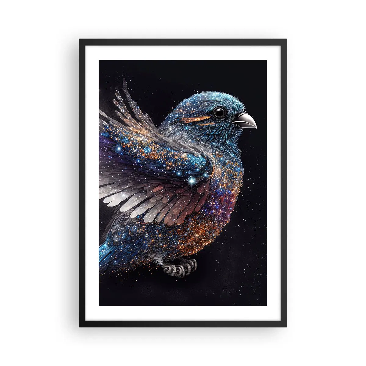 Poster in cornice nera - Un uccello spaziale con piumaggio stellare su sfondo nero - 50x70cm - Passero di diamante - Decorazione murale moderna per soggiorno e camera da letto ARTTOR