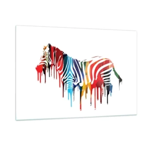Quadro su vetro - Una zebra colorata in forma astratta con effetto vernice gocciolante. - 120x80cm - Non solo bianco e nero - Decorazione murale moderna per soggiorno e camera da letto ARTTOR