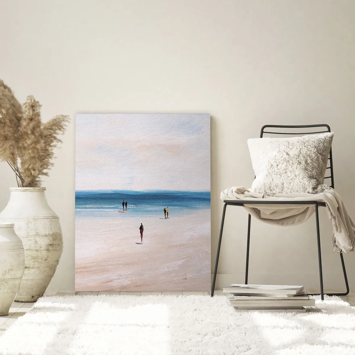 Quadro su vetro - Una spiaggia con persone sullo sfondo di un mare calmo - 70x100cm - Un bisogno naturale - Decorazione murale moderna per soggiorno e camera da letto ARTTOR