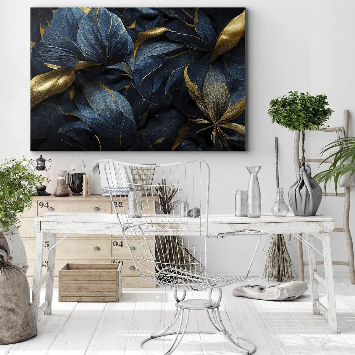 Quadro su tela - Stampe su Tela - Eleganti foglie nei toni dell'oro e del blu navy - 100x70cm - Foderati d'oro - Decorazione murale moderna per soggiorno e camera da letto ARTTOR