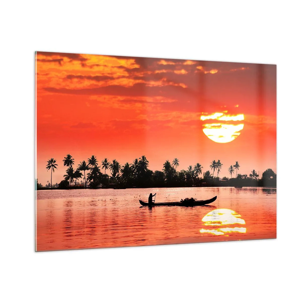 Quadro su vetro - Tramonto sul fiume con palme e una barca - 100x70cm - La calma dei tropici al tramonto - Decorazione murale moderna per soggiorno e camera da letto ARTTOR