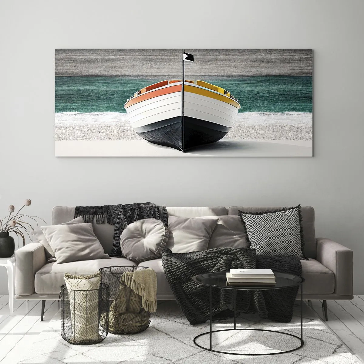Quadro su vetro - Una barca sulla spiaggia con un mare turchese sullo sfondo - 140x50cm - Al suo posto - Decorazione murale moderna per soggiorno e camera da letto ARTTOR