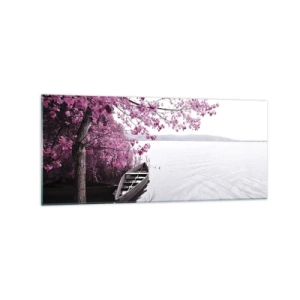 Quadro su vetro - Una barca sulla riva di un lago tra alberi rosa - 120x50cm - Nel silenzio rosa - Decorazione murale moderna per soggiorno e camera da letto ARTTOR