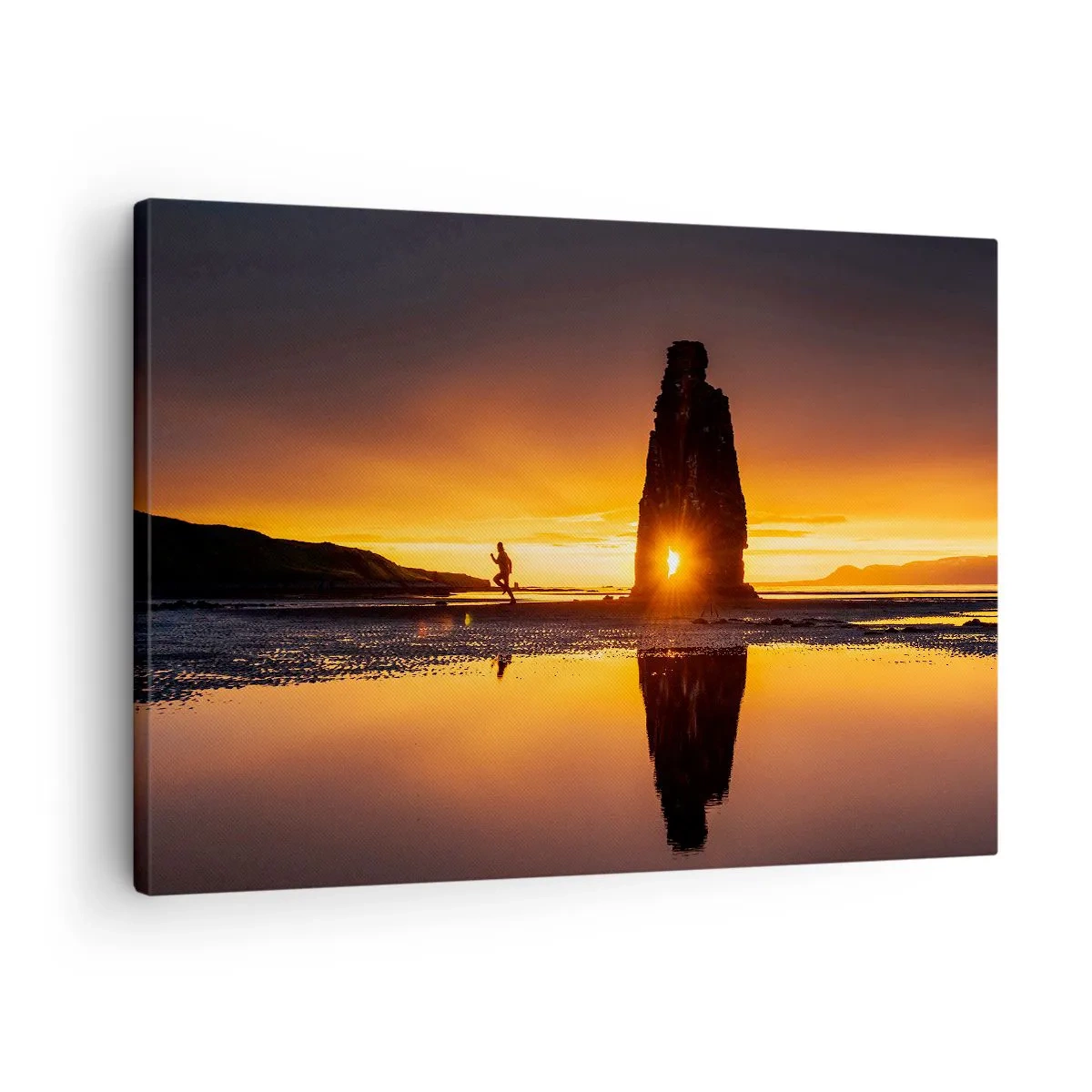 Quadro su tela - Stampe su Tela - Persona che corre sulla spiaggia al tramonto con formazione rocciosa - 70x50cm - Solo tu e la natura - Decorazione murale moderna per soggiorno e camera da letto ARTTOR