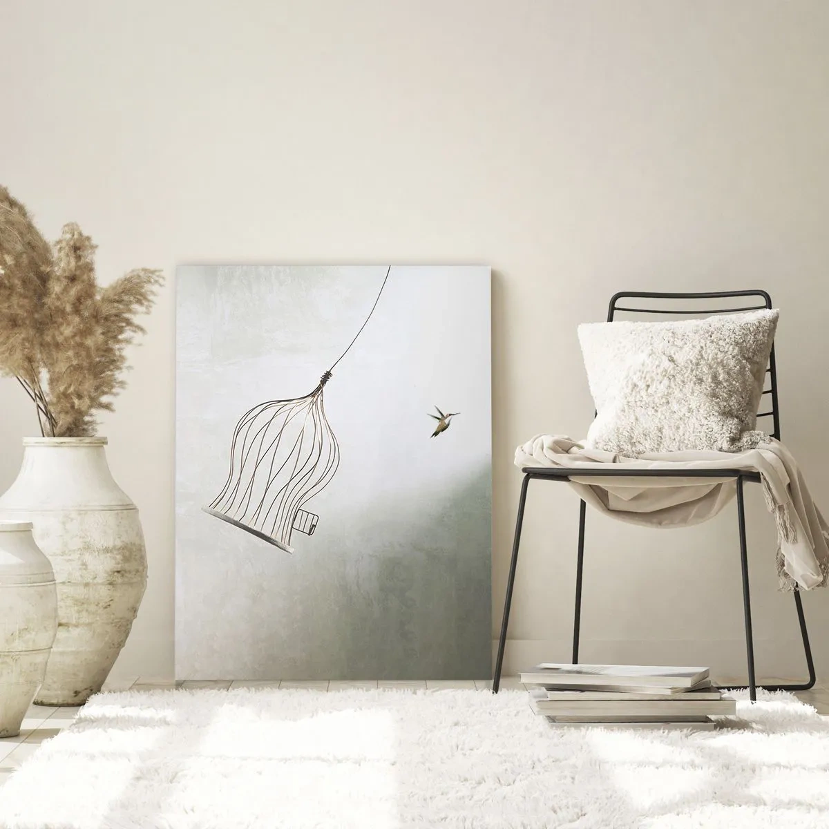 Quadro su vetro - Un uccello liberato da una gabbia sullo sfondo di un cielo luminoso - 70x100cm - Nel proprio elemento - Decorazione murale moderna per soggiorno e camera da letto ARTTOR