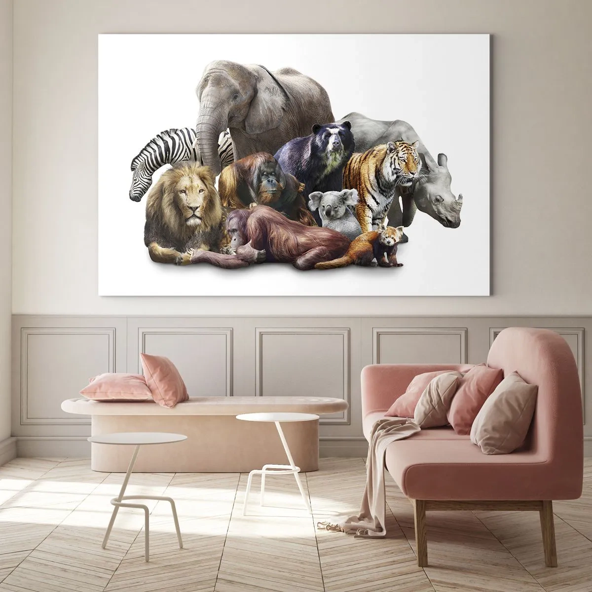 Quadro su vetro - Un gruppo di animali selvatici su uno sfondo bianco in uno scatto artistico - 70x50cm - Foto di famiglia africana - Decorazione murale moderna per soggiorno e camera da letto ARTTOR