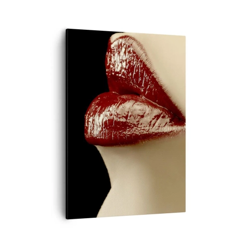 Quadro su tela - Stampe su Tela - Labbra rosse e rossetto su sfondo nero - 50x70cm - Sensualità e splendore del carminio - Decorazione murale moderna per soggiorno e camera da letto ARTTOR