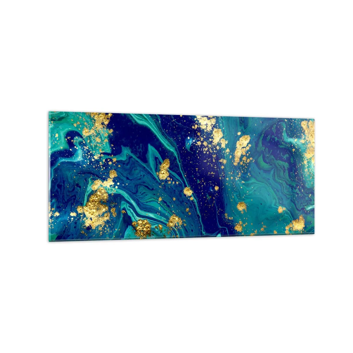 Quadro su vetro - Una composizione astratta con accenti blu, verdi e dorati. - 120x50cm - Petali di sole - Decorazione murale moderna per soggiorno e camera da letto ARTTOR