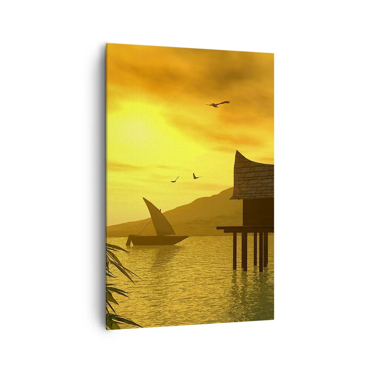 Quadro su tela - Stampe su Tela - Tramonto tropicale sull'acqua con casa in legno su palafitte. - 80x120cm - Calma desiderata - Decorazione murale moderna per soggiorno e camera da letto ARTTOR