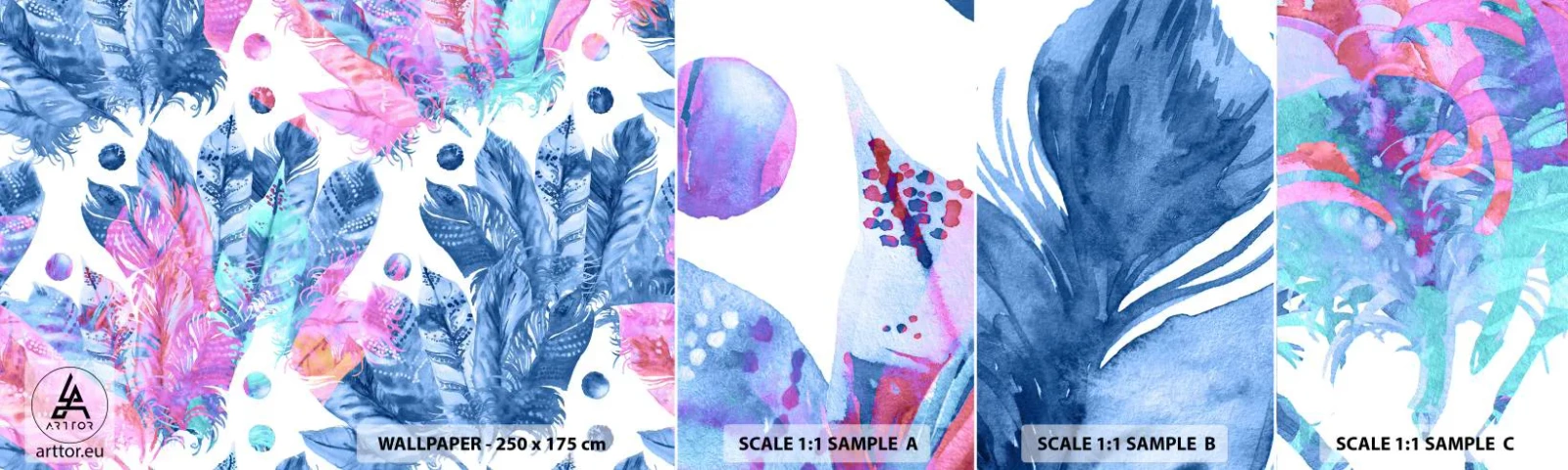 Campione Di Fotomurale Standard Eco - Pennacchi in rosa e blu - Piuma di uccello, Illustrazione colorata, Grafica - 100x30 cm