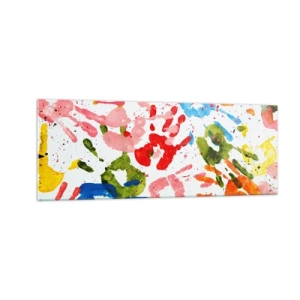 Quadro su vetro - Impronte di mani colorate su sfondo bianco - 140x50cm - Segui le tracce - Decorazione murale moderna per soggiorno e camera da letto ARTTOR