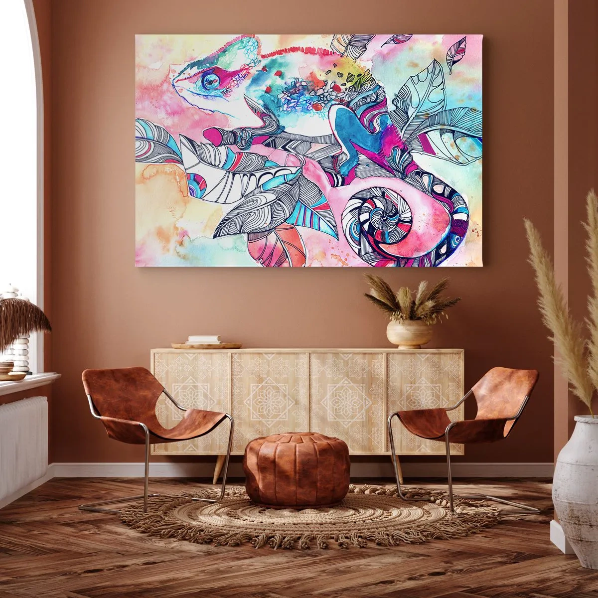 Quadro su tela - Stampe su Tela - Camaleonte colorato su sfondo di foglie astratte - 100x70cm - Il nostro mondo colorato - Decorazione murale moderna per soggiorno e camera da letto ARTTOR