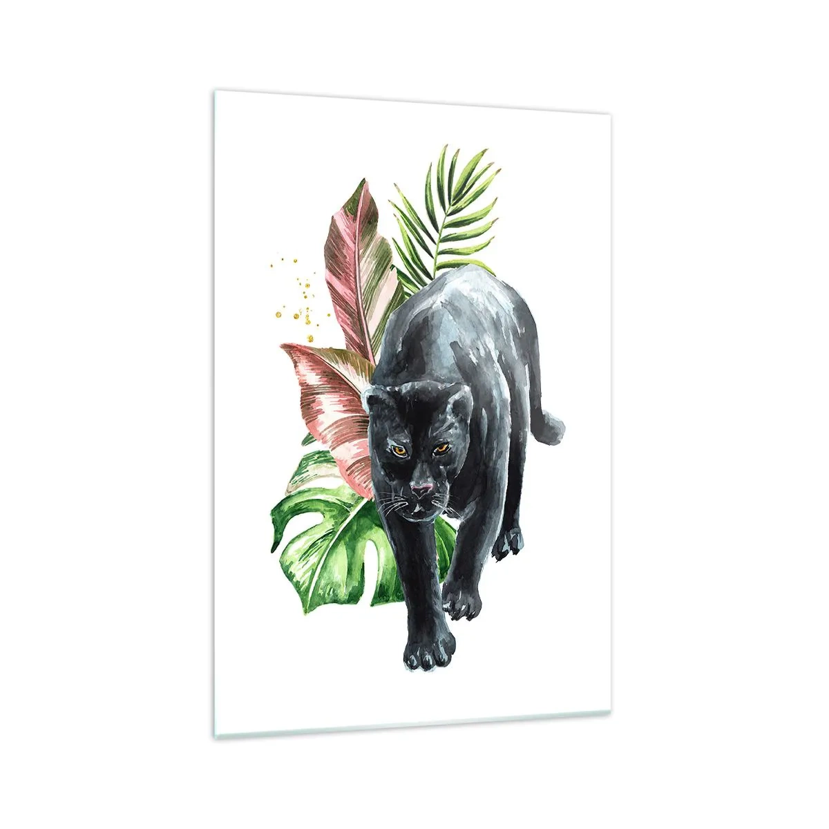 Quadro su vetro - Pantera nera circondata da foglie tropicali - 70x100cm - Cuore selvaggio - Decorazione murale moderna per soggiorno e camera da letto ARTTOR