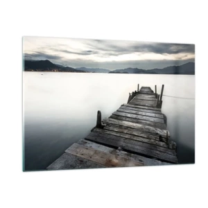 Quadro su vetro - Un molo di legno sullo sfondo di un lago calmo al tramonto - 120x80cm - Immergersi nella tranquillità - Decorazione murale moderna per soggiorno e camera da letto ARTTOR