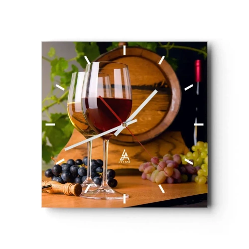 Orologio da parete - Orologio in Vetro - Bicchieri di vino con uva, una botte e bottiglie su un tavolo di legno - 30x30cm - Come presso gli antichi conoscitori - Decorazione murale moderna per soggiorno e camera da letto ARTTOR