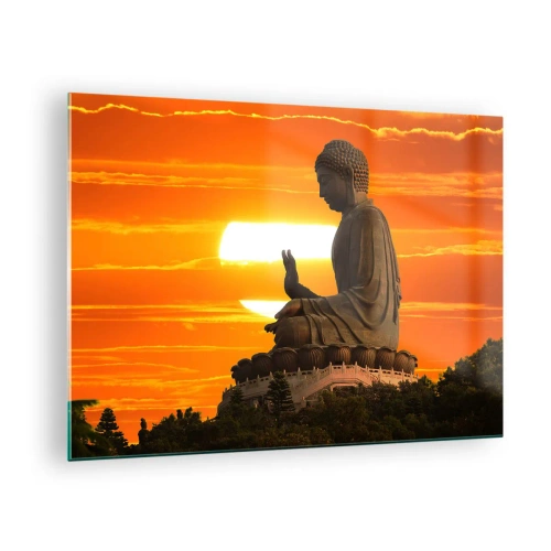 Quadro su vetro - Statua del Buddha sullo sfondo del sole al tramonto - 70x50cm - Senza paura davanti al mondo - Decorazione murale moderna per soggiorno e camera da letto ARTTOR