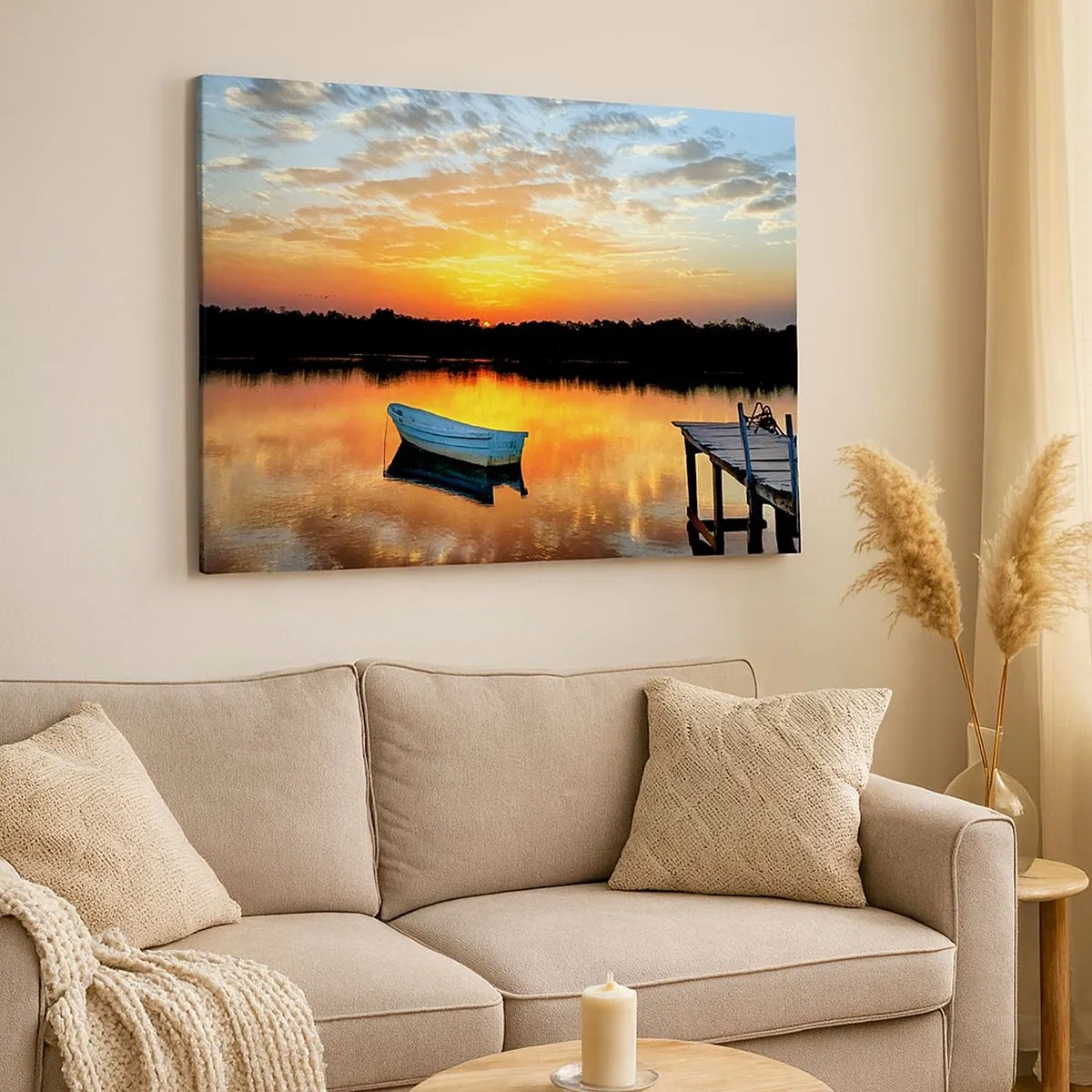 Quadro su tela - Stampe su Tela - Una barca su un lago calmo durante il tramonto - 70x50cm - Guarda, ascolta, medita - Decorazione murale moderna per soggiorno e camera da letto ARTTOR