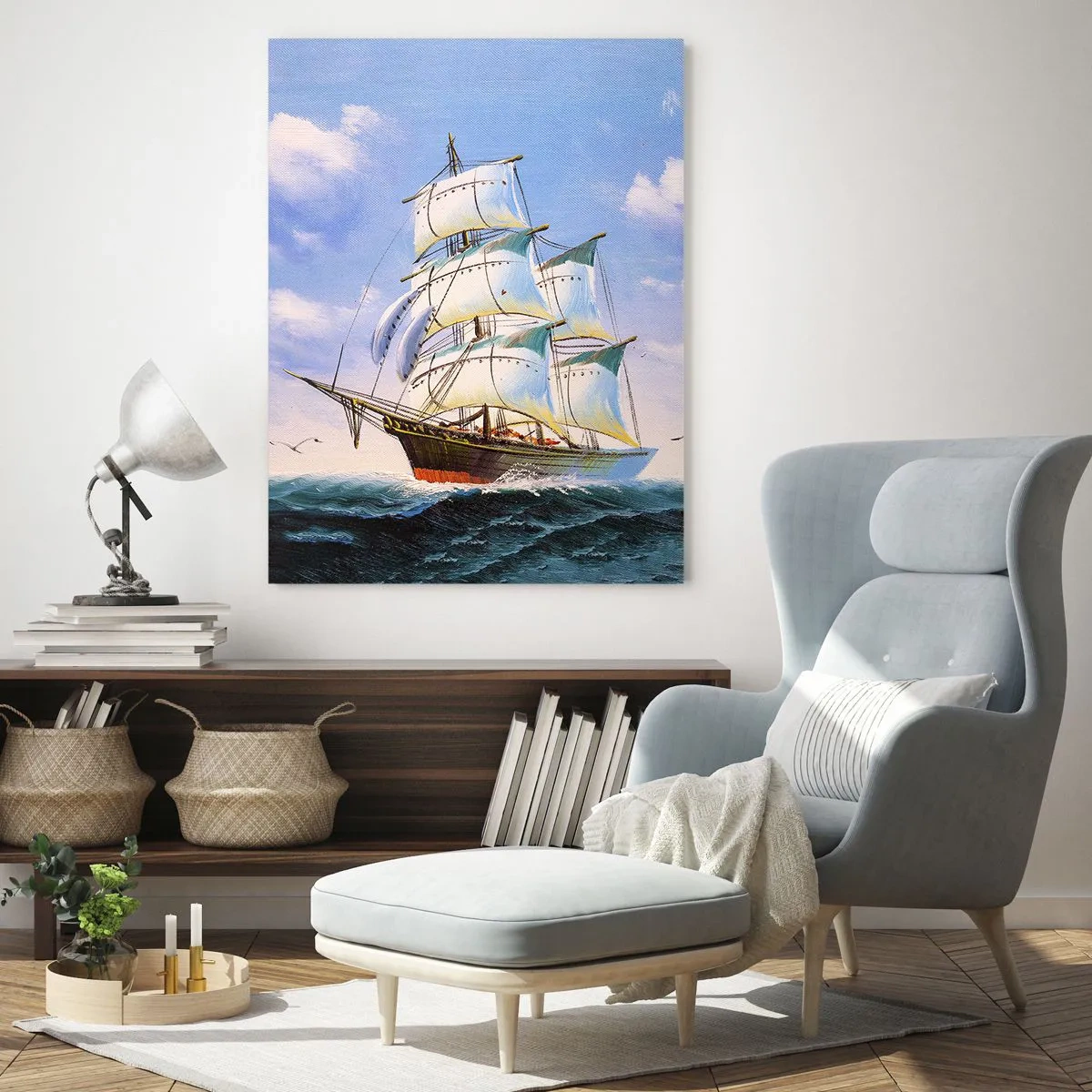 Quadro su vetro - Una nave a vela in mare aperto sotto un cielo azzurro - 70x100cm - Con orgoglio nel vento - Decorazione murale moderna per soggiorno e camera da letto ARTTOR