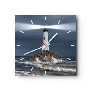 Orologio da parete - Orologio in Vetro - Un faro su una roccia circondato da un mare in tempesta - 30x30cm - Qui...qui... qui! - Decorazione murale moderna per soggiorno e camera da letto ARTTOR