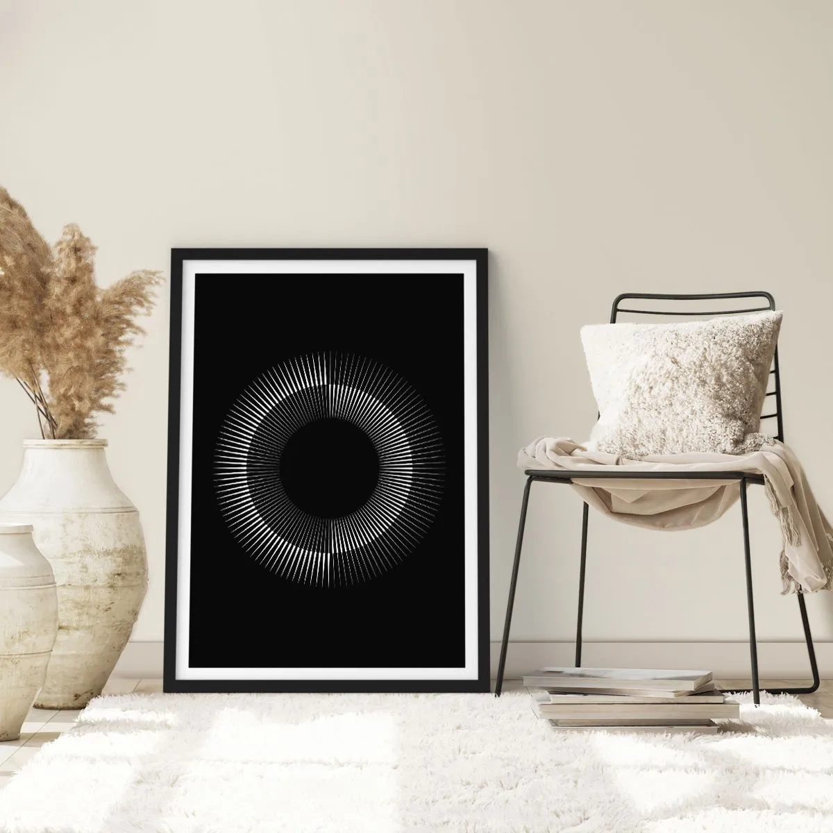 Poster in cornice nera - Una composizione affascinante di un cerchio luminoso su uno sfondo nero. - 50x70cm - Sole nero - Decorazione murale moderna per soggiorno e camera da letto ARTTOR