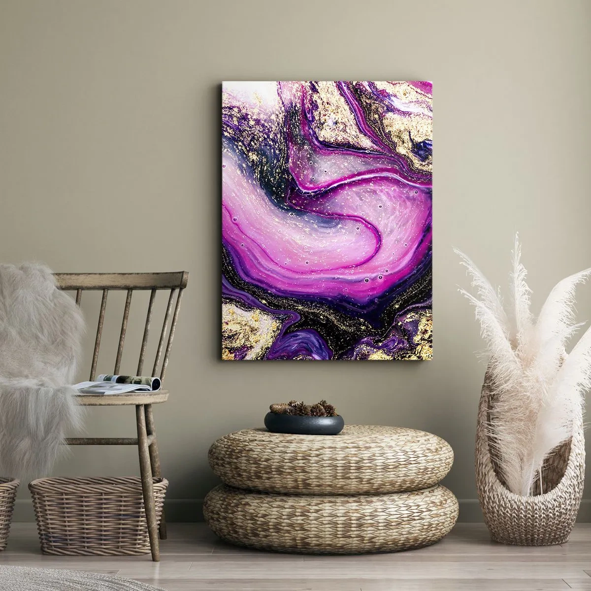 Quadro su tela - Stampe su Tela - Onde astratte nei toni del viola e dell'oro - 50x70cm - Un attimo dietro le quinte - Decorazione murale moderna per soggiorno e camera da letto ARTTOR