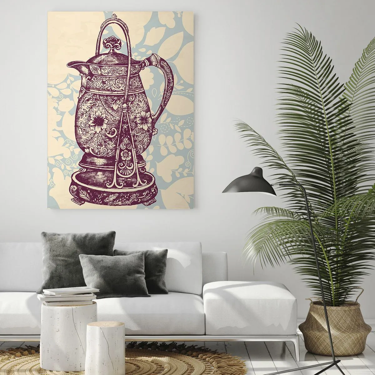 Quadro su vetro - Brocca stilizzata con ornamenti su sfondo floreale - 80x120cm - La bellezza del quotidiano - Decorazione murale moderna per soggiorno e camera da letto ARTTOR