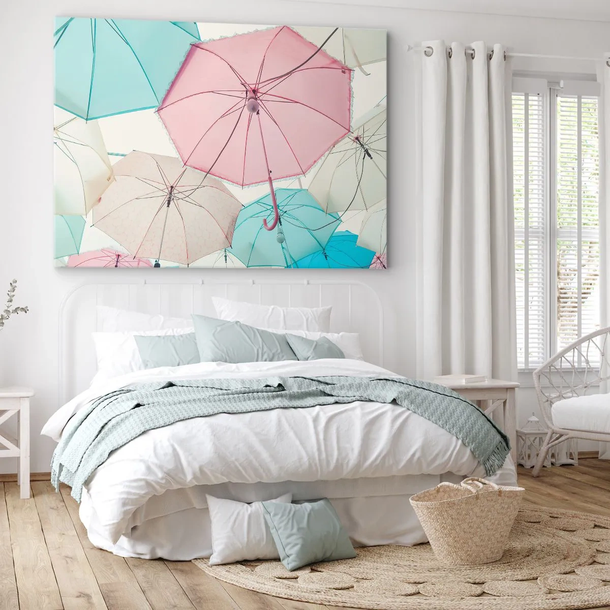 Quadro su tela - Stampe su Tela - Ombrelli pastello contro un cielo luminoso - 70x50cm - A volte sole, a volte pioggia - Decorazione murale moderna per soggiorno e camera da letto ARTTOR