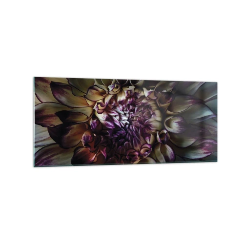 Quadro su vetro - Primo piano di un fiore di dalia in toni scuri - 120x50cm - Il rigoglio della giovinezza - Decorazione murale moderna per soggiorno e camera da letto ARTTOR