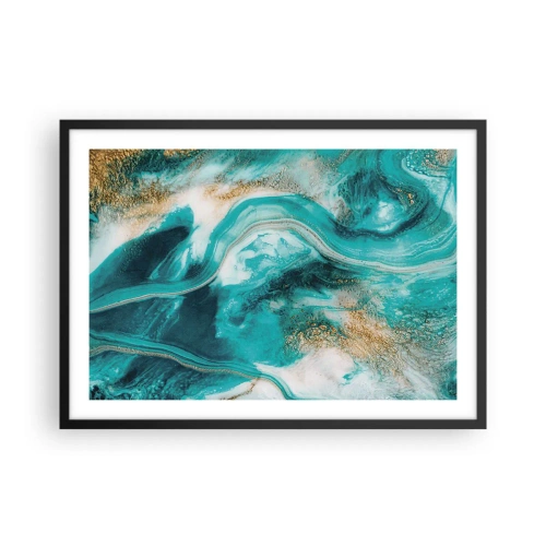 Poster in cornice nera - Astrazione turchese con accenti bianchi e dorati - 70x50cm - Il fiume d'oro - Decorazione murale moderna per soggiorno e camera da letto ARTTOR