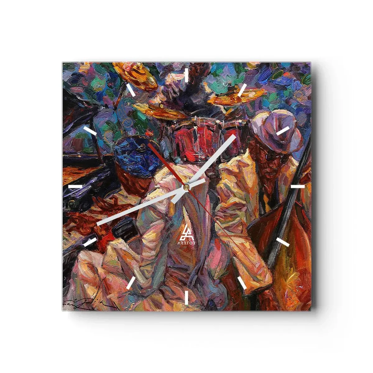 Orologio da parete - Orologio in Vetro - Scena jazz energica con musicisti e strumenti - 30x30cm - In un unico ritmo - Decorazione murale moderna per soggiorno e camera da letto ARTTOR