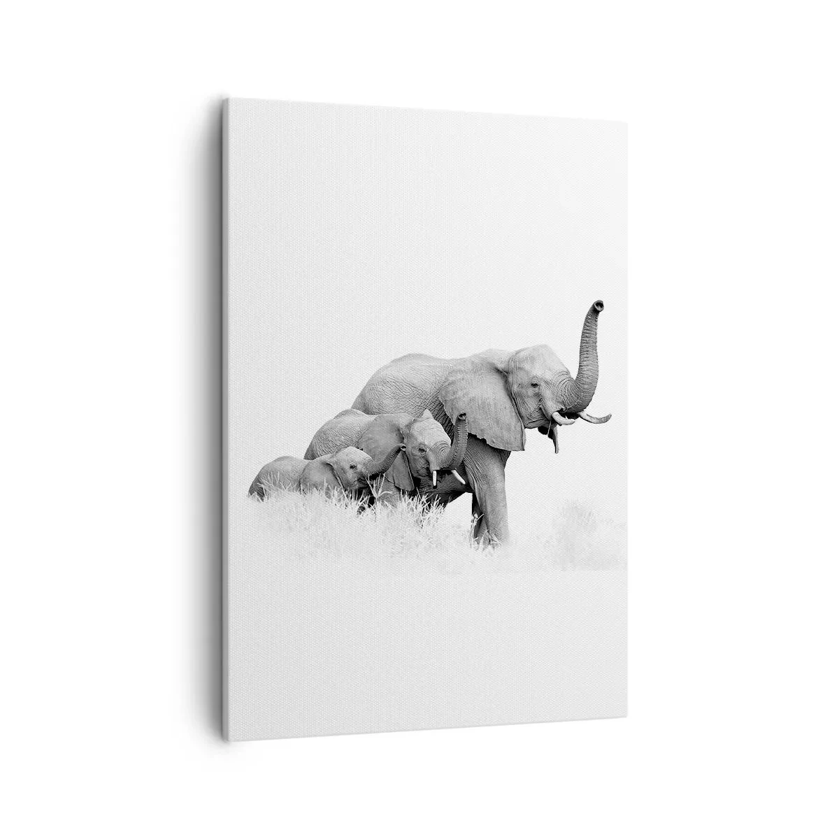 Quadro su tela - Stampe su Tela - Una famiglia di elefanti sullo sfondo di un paesaggio africano in bianco e nero. - 50x70cm - Uno, due, tre - Decorazione murale moderna per soggiorno e camera da letto ARTTOR