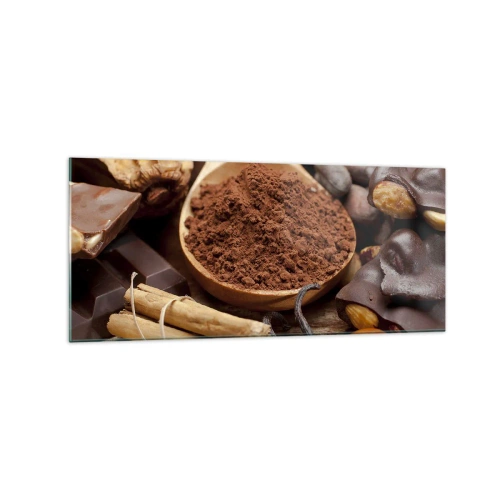 Quadro su vetro - Un cucchiaio di cacao e ingredienti al cioccolato in una disposizione rustica - 120x50cm - Ideale per i momenti di tristezza - Decorazione murale moderna per soggiorno e camera da letto ARTTOR