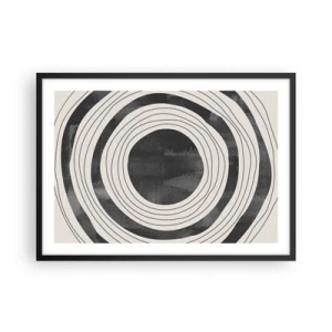 Poster in cornice nera - Cerchi concentrici bianchi e neri su sfondo chiaro - 70x50cm - Proprio al centro - Decorazione murale moderna per soggiorno e camera da letto ARTTOR